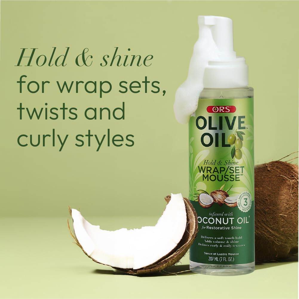 Picture of ORS Olive Oil Hold & Shine Wrap Set Mousse Infused with Coconut Oil for Restorative Shine 207ml