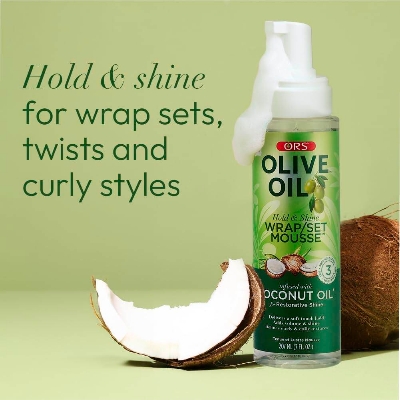 Picture of ORS Olive Oil Hold & Shine Wrap Set Mousse Infused with Coconut Oil for Restorative Shine 207ml