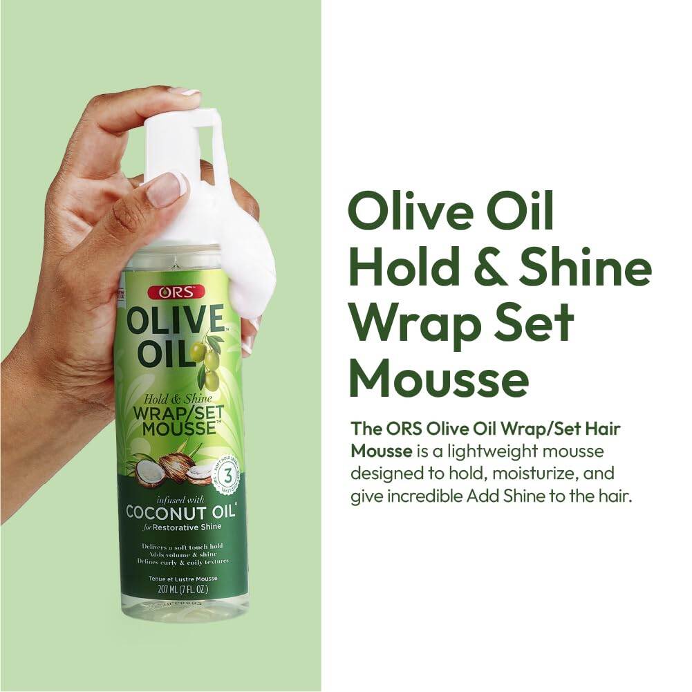 Picture of ORS Olive Oil Hold & Shine Wrap Set Mousse Infused with Coconut Oil for Restorative Shine 207ml