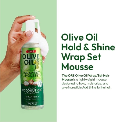 Picture of ORS Olive Oil Hold & Shine Wrap Set Mousse Infused with Coconut Oil for Restorative Shine 207ml