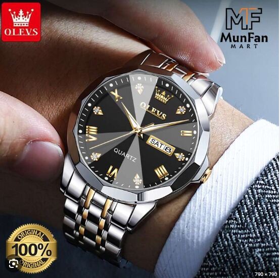 Picture of 9931 New Business Quartz Watch For Men Dual Calendar Luxury Diamond Dial Waterproof Stainless Steel Strap Men Wristwatch - ঘড়িBlack, White, Blue, blue Silver-