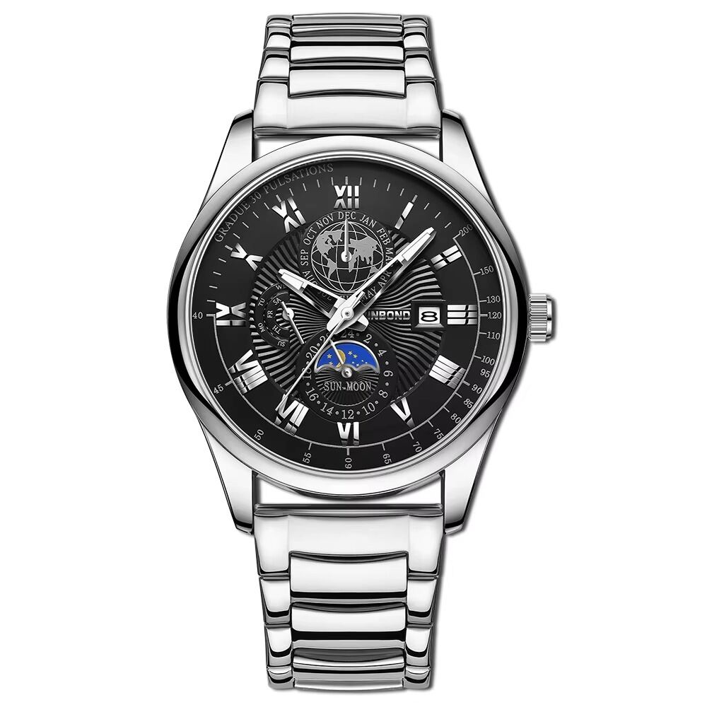 Picture of BINBOND B3982 New Style Silver Men Quartz Watch Authentic Stainless Steel Band Water Proof Date Display Dials Decoration WatchBlack, Silver, toton white, silver black, silver toton dial bl