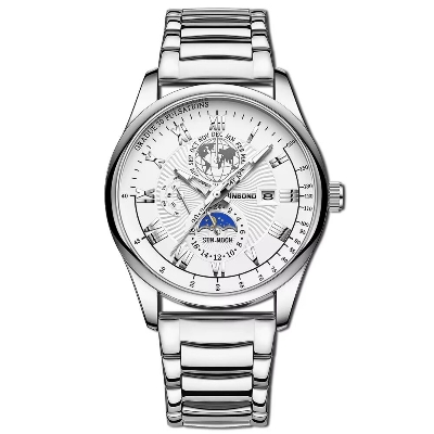 Picture of BINBOND B3982 New Style Silver Men Quartz Watch Authentic Stainless Steel Band Water Proof Date Display Dials Decoration WatchBlack, Silver, toton white, silver black, silver toton dial bl