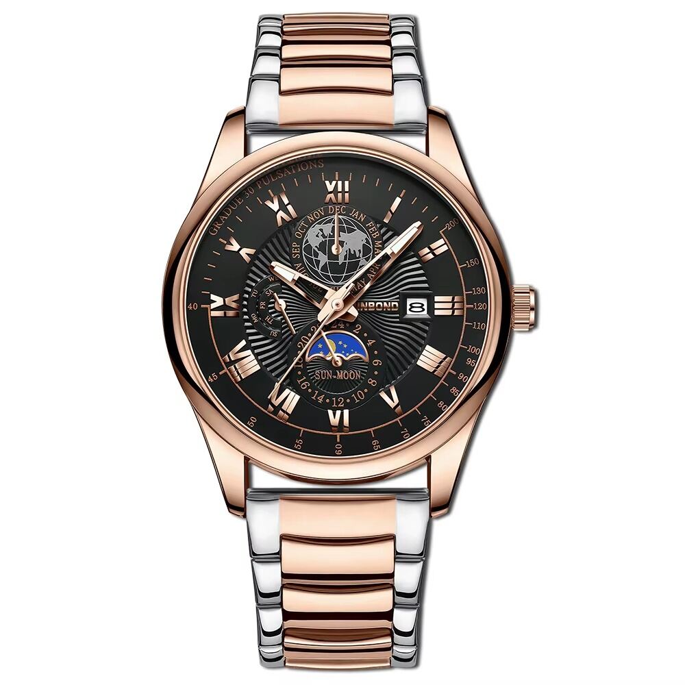 Picture of BINBOND B3982 New Style Silver Men Quartz Watch Authentic Stainless Steel Band Water Proof Date Display Dials Decoration WatchBlack, Silver, toton white, silver black, silver toton dial bl