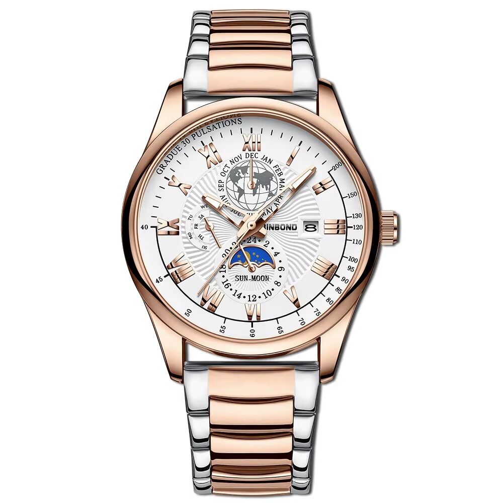 Picture of BINBOND B3982 New Style Silver Men Quartz Watch Authentic Stainless Steel Band Water Proof Date Display Dials Decoration WatchBlack, Silver, toton white, silver black, silver toton dial bl