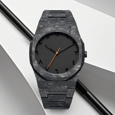 Picture of Black polycarbonate marble design quartz men's watch with classic oriental Arabic numerals and a new trend-Black
