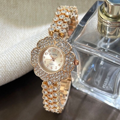 Picture of Brand-designed women's quartz wristwatch with steel strap and luxurious gold gemstone with vintage flowers-Rose Gold