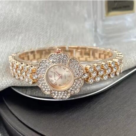 Picture of Brand-designed women's quartz wristwatch with steel strap and luxurious gold gemstone with vintage flowers-Rose Gold
