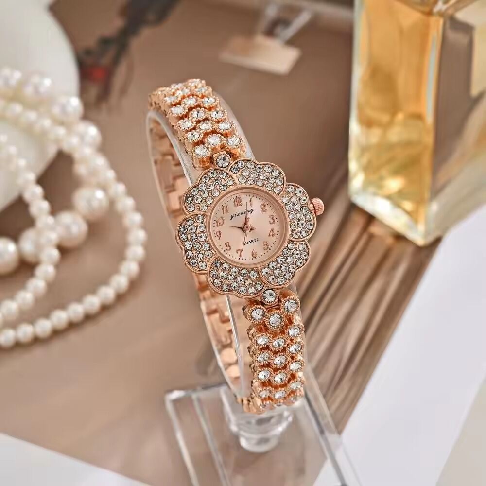 Picture of Brand-designed women's quartz wristwatch with steel strap and luxurious gold gemstone with vintage flowers-Rose Gold