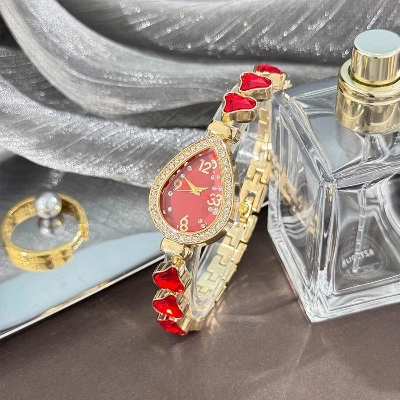 Picture of Elegant freestyle quartz watch for women with embedded diamonds, water drop shaped water box, colorful heart braceletBlue, Pink, Black, Red, Off White