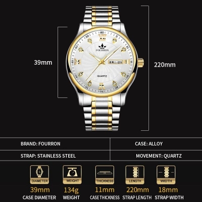 Picture of FOURRON Fashion Men's Waterproof Wristwatch Business Luminous Calendar Stainless Steel Strap Quartz Watch For MenWhite, Black