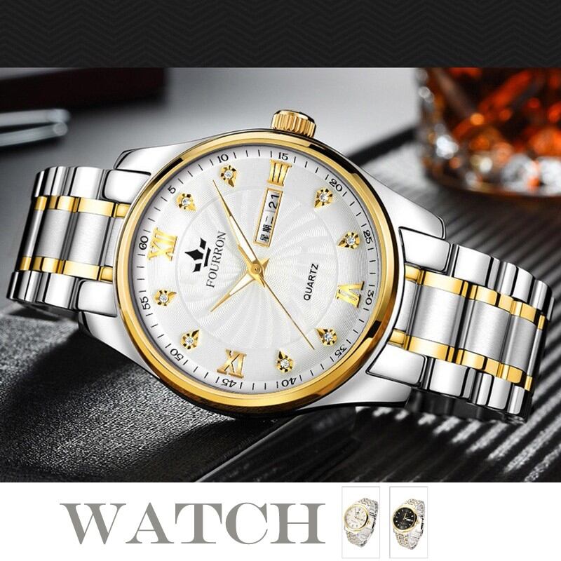 Picture of FOURRON Fashion Men's Waterproof Wristwatch Business Luminous Calendar Stainless Steel Strap Quartz Watch For MenWhite, Black
