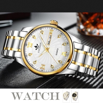 Picture of FOURRON Fashion Men's Waterproof Wristwatch Business Luminous Calendar Stainless Steel Strap Quartz Watch For MenWhite, Black