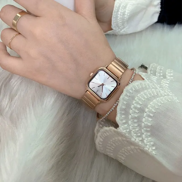 Picture of Inspired by CN high quality New Square Stainless Steel Analog Watch For Women Silver-gold-With Smart BoxNavy, Silver, Gold, Black, silver dial black, golden