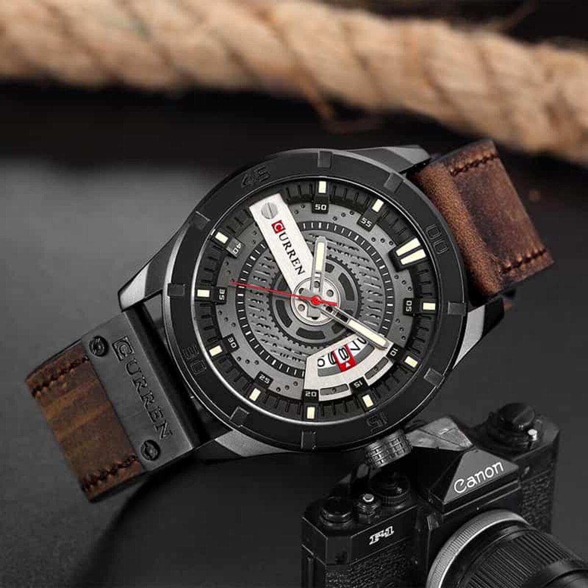 Picture of Inspired by curren belt men women CN 8301 Sports Watch Luxury Brand Military Watches Male Analog Date Quartz Watch Men Casual Leather Wrist WatchDark Brown, Black, Brown, Chocolate, Blue