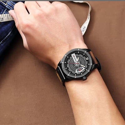 Picture of Inspired by curren belt men women CN 8301 Sports Watch Luxury Brand Military Watches Male Analog Date Quartz Watch Men Casual Leather Wrist WatchDark Brown, Black, Brown, Chocolate, Blue