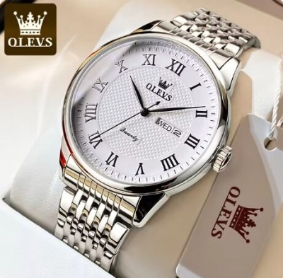 Picture of Inspired by olevs  Men's Watches Classic Simple Original Quartz Watch for Man Stainless Steel Waterproof Roman Scale Wristwatch Date WeekGolden, Silver, silver black