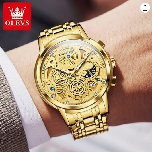 Picture of Inspired by olevs  Watch Men Stainless Steel Watches Luxury Diamond Chronograph Multifunction Men Wrist Watch with Date Business Classic Dress Watch for Men Gift for Men reloj de HombreGreen silver, Golden full, Black full, Silver white toton, Silver black toton