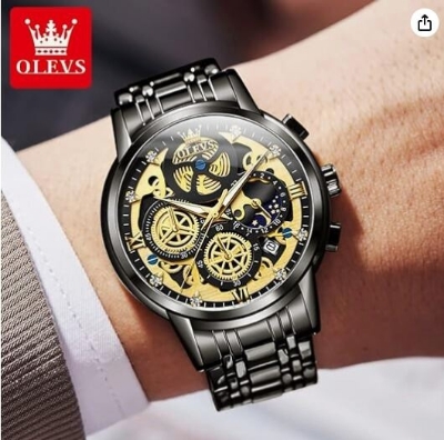 Picture of Inspired by olevs  Watch Men Stainless Steel Watches Luxury Diamond Chronograph Multifunction Men Wrist Watch with Date Business Classic Dress Watch for Men Gift for Men reloj de HombreGreen silver, Golden full, Black full, Silver white toton, Silver black toton
