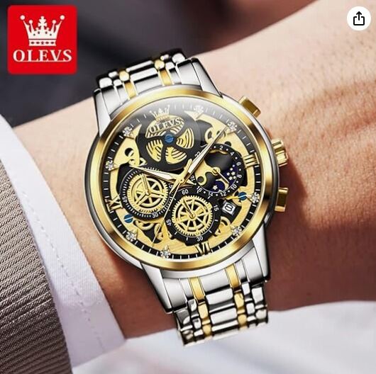 Picture of Inspired by olevs  Watch Men Stainless Steel Watches Luxury Diamond Chronograph Multifunction Men Wrist Watch with Date Business Classic Dress Watch for Men Gift for Men reloj de HombreGreen silver, Golden full, Black full, Silver white toton, Silver black toton