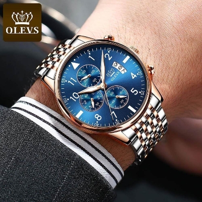 Picture of Inspired by olevs Waterproof Watch For Men Business Fashion Multi-Function Chronograph Stainless Steel Strap Quartz Wristwatches - 2869Blue, Gold, Black