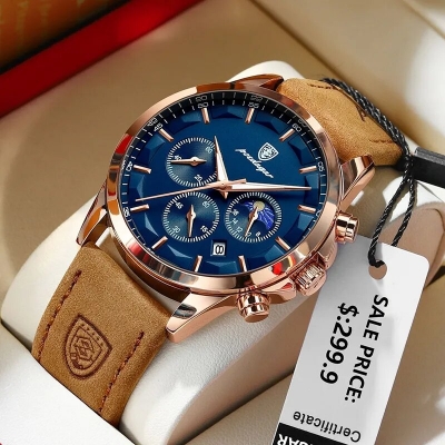 Picture of Inspired by POEDAGAR 2023 Luxury Man Wristwatch Military Waterproof Luminous Chronograph Men Watch Stainless Steel Men's Quartz Watches+boxGolden brown