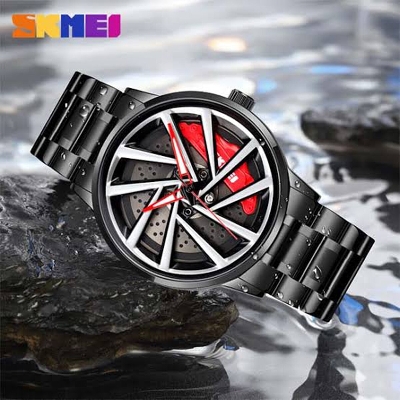 Picture of Inspired by skemi 1990 Rotation Wheel Creative Fashion Men's Stainless Steel Clock - Very Comfortable And Fashionable, Easy To Cleanblack blue, black, Red light, black yellow, black white