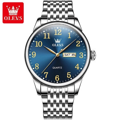 Picture of Inspried bye OLEVS Mens Watch Stainless Steel Analog Quartz Watches for Men Day Date Easy Read Diamond Waterproof Dress Luxury Classic Casual Big Face Blue/Black/Gold/Silver Roman Arabic Numerals Men's Wrist WatchBlue, Black, Silver