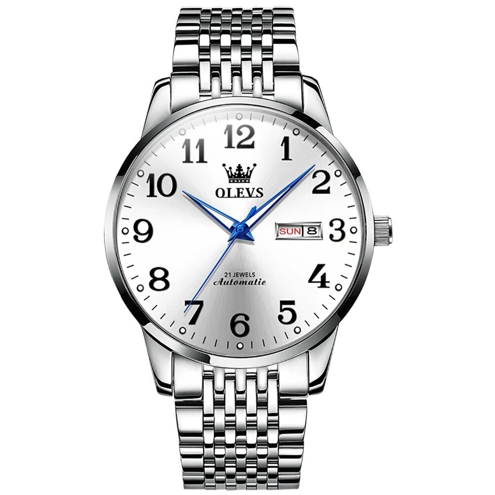 Picture of Inspried bye OLEVS Mens Watch Stainless Steel Analog Quartz Watches for Men Day Date Easy Read Diamond Waterproof Dress Luxury Classic Casual Big Face Blue/Black/Gold/Silver Roman Arabic Numerals Men's Wrist WatchBlue, Black, Silver