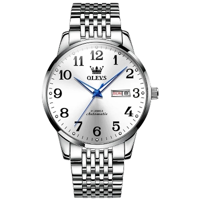 Picture of Inspried bye OLEVS Mens Watch Stainless Steel Analog Quartz Watches for Men Day Date Easy Read Diamond Waterproof Dress Luxury Classic Casual Big Face Blue/Black/Gold/Silver Roman Arabic Numerals Men's Wrist WatchBlue, Black, Silver