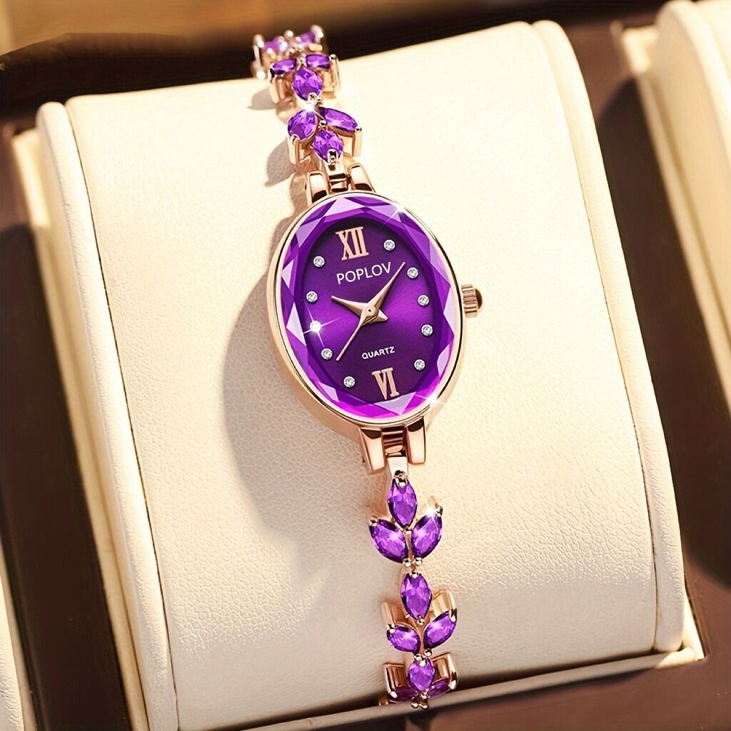 Picture of New Fashion Style Luxury Women's Watches with Rose Gold Bracelet, Stainless Steel Oval Quartz Watch with Crystals for Gifts Relogio FemininoPurple, Black, Green, Off White, Red