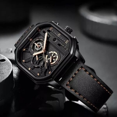 Picture of New Square Fashion Watches for Men Quartz Luxury Chronograph Waterproof Leather Wristwatch - 9919Silver, Black, Chocolate
