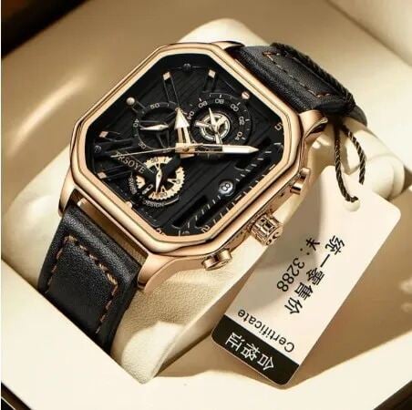 Picture of New Square Fashion Watches for Men Quartz Luxury Chronograph Waterproof Leather Wristwatch - 9919Silver, Black, Chocolate
