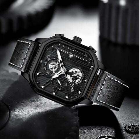 Picture of New Square Fashion Watches for Men Quartz Luxury Chronograph Waterproof Leather Wristwatch - 9919Silver, Black, Chocolate