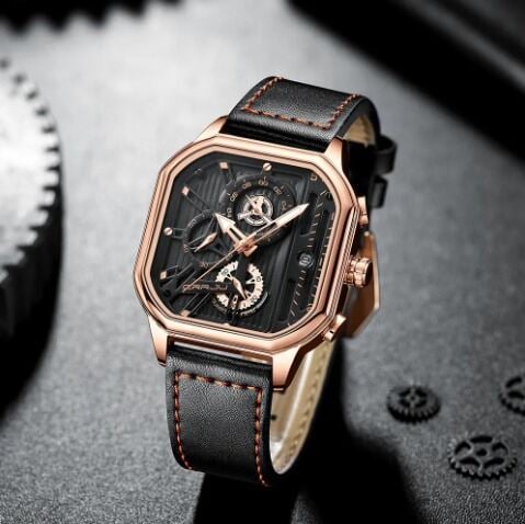 Picture of New Square Fashion Watches for Men Quartz Luxury Chronograph Waterproof Leather Wristwatch - 9919Silver, Black, Chocolate