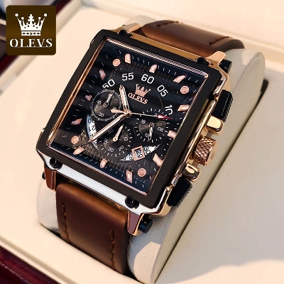 Picture of OLEVS New Square Fashion Watches for Men Quartz Luxury Chronograph Waterproof Leather Wristwatch - 9919-Chocolate