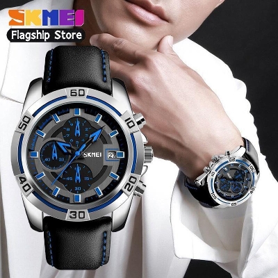 Picture of SKMEI 3 Chronograph Luxury Stylish Quartz Leather Straps Waterproof Wrist Watch For (Men & Boys) - 9156Silver, Reddish, Blue
