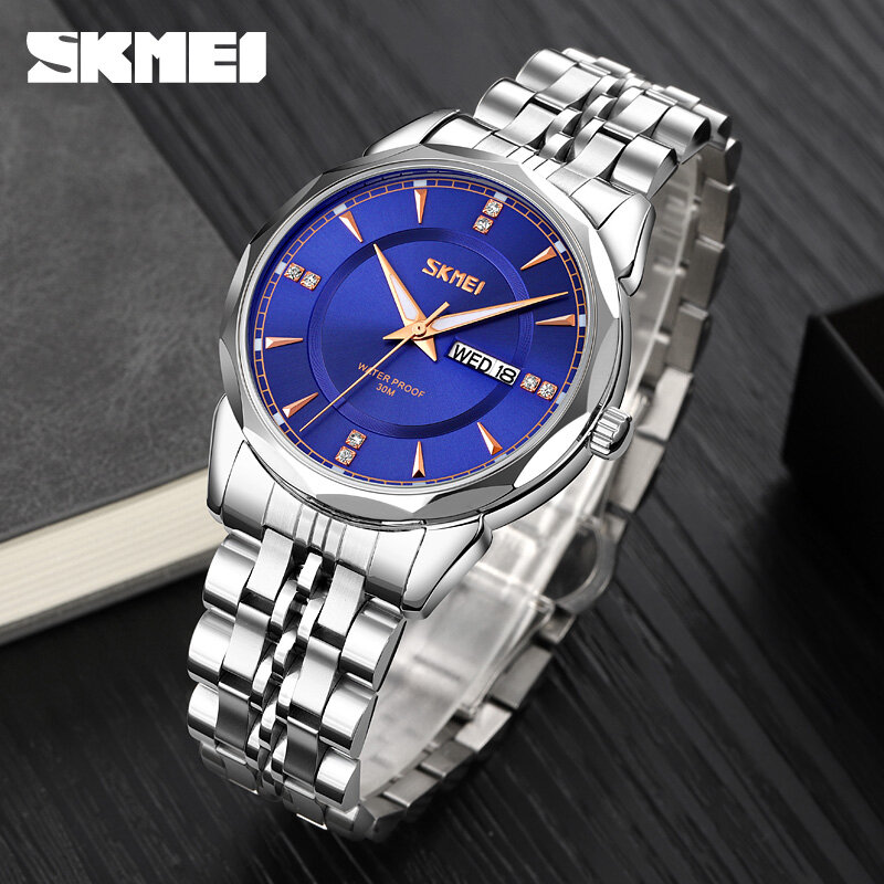 Picture of Skmei 9268 Luxury Fashion Stainless Steel Quartz Movement Waterproof Watch For Men - ঘড়ি Preferble - Low Hassle and MaintananceSilver, Blue, Black