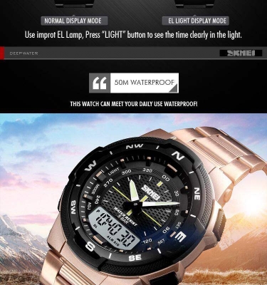 Picture of Skmei Fashion Sport Casual Stainless Steel Dual Display Waterproof Digital Watch 1370Silver, Gold, Black