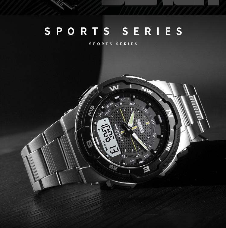 Picture of Skmei Fashion Sport Casual Stainless Steel Dual Display Waterproof Digital Watch 1370Silver, Gold, Black
