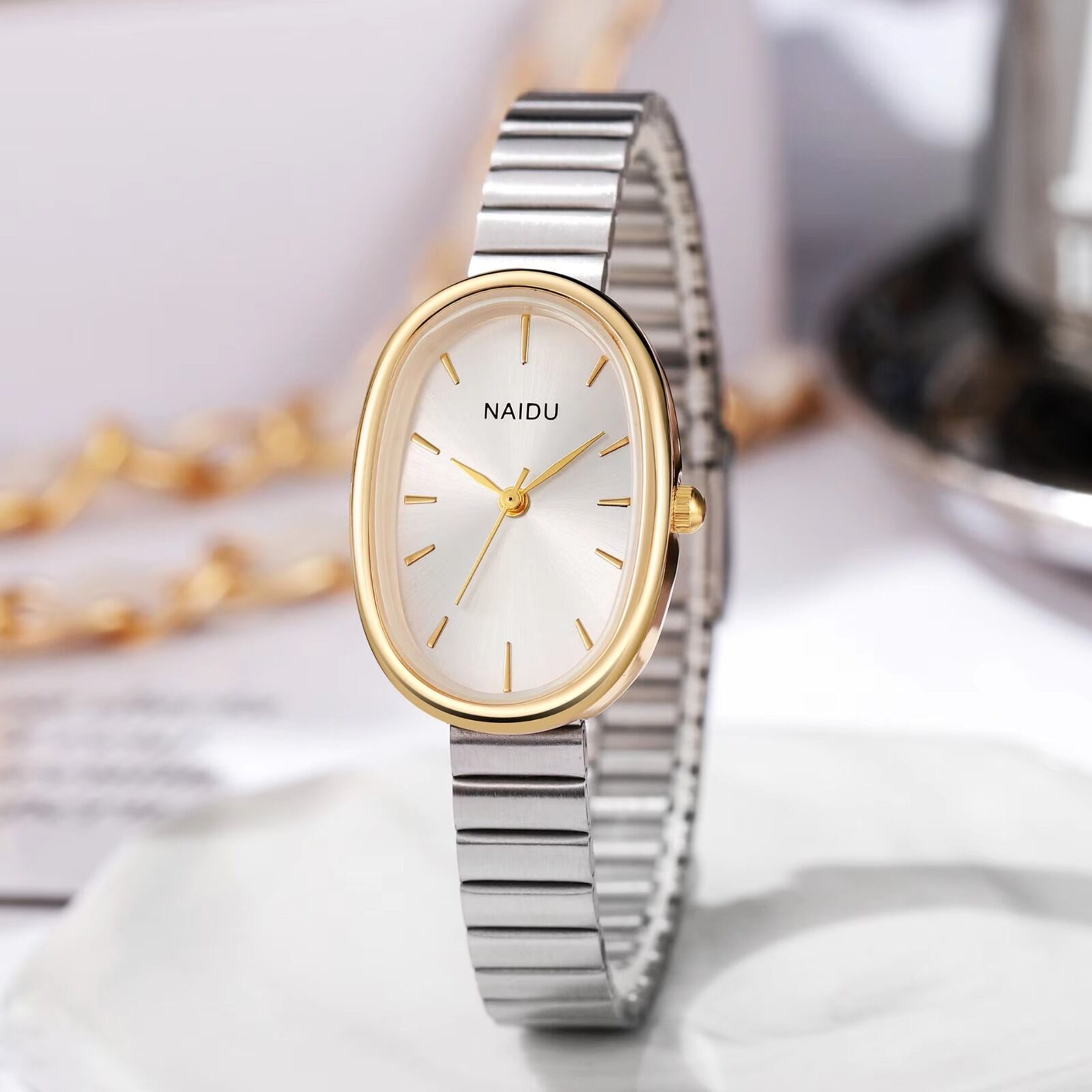 Picture of Stainless Steel Strap & Alloy Case Elegant Oval Dial Quartz Dress Wristwatch for Women – Classic Ladies WatchSilver, Multicolor, silver toton, silver black, Gold white, gold black