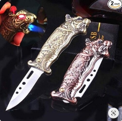 Picture of Windproof Tiger Lighter, Unique Knife Design, Refillable Butane, Multifunctional Fold With Knife, Bottle Opener Metal Ideas, Cool Personality Lighter, Suitable for Holidays, Birthdays, Men's Gifts (C-gold