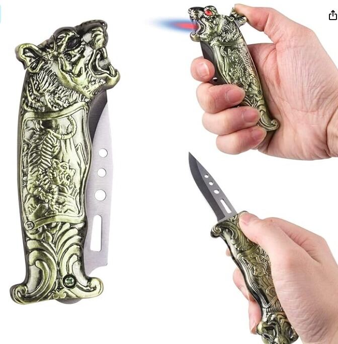 Picture of Windproof Tiger Lighter, Unique Knife Design, Refillable Butane, Multifunctional Fold With Knife, Bottle Opener Metal Ideas, Cool Personality Lighter, Suitable for Holidays, Birthdays, Men's Gifts (C-gold