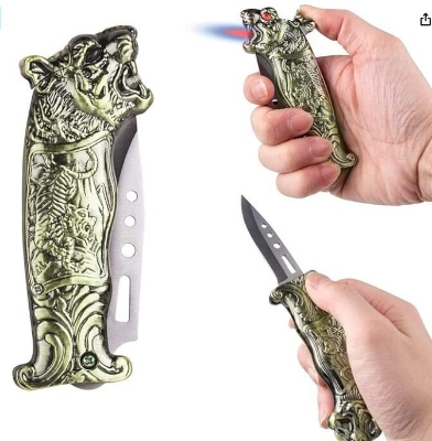 Picture of Windproof Tiger Lighter, Unique Knife Design, Refillable Butane, Multifunctional Fold With Knife, Bottle Opener Metal Ideas, Cool Personality Lighter, Suitable for Holidays, Birthdays, Men's Gifts (C-gold