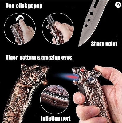 Picture of Windproof Tiger Lighter, Unique Knife Design, Refillable Butane, Multifunctional Fold With Knife, Bottle Opener Metal Ideas, Cool Personality Lighter, Suitable for Holidays, Birthdays, Men's Gifts (C-gold
