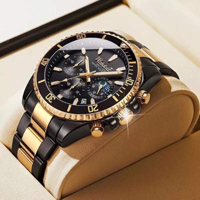 Picture of Wishdoit New Luxury Men's Sports Watch Gold Stainless Steel Waterproof Casual Quartz Watch-Black