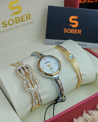 Picture of Women’s Jewelry Gift Set – Flash Plated Gold Half Bangle Diamond Watch, Infinity Pendant Necklace and Swarovski Crystal Bracelet - BUR213YG-SGreen, Blue, silver white