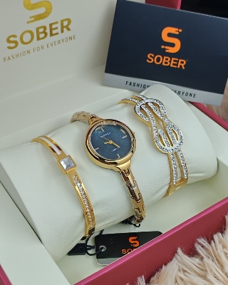 Picture of Women’s Jewelry Gift Set – Flash Plated Gold Half Bangle Diamond Watch, Infinity Pendant Necklace and Swarovski Crystal Bracelet - BUR213YG-SGreen, Blue, silver white