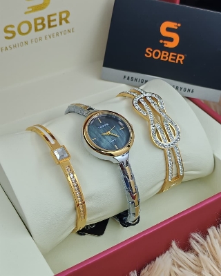 Picture of Women’s Jewelry Gift Set – Flash Plated Gold Half Bangle Diamond Watch, Infinity Pendant Necklace and Swarovski Crystal Bracelet - BUR213YG-SGreen, Blue, silver white
