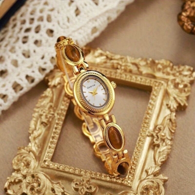 Picture of Women'S Elegant Green & Golden-Tone Quartz Watch with Tiger'S Eye & Natural East Asian Stone Accent - Luxury Brown Dial, Golden-Tone Case & Bandgold Red, halka beguni, Purple, gold pathore, gold black, gold  of white, Blue